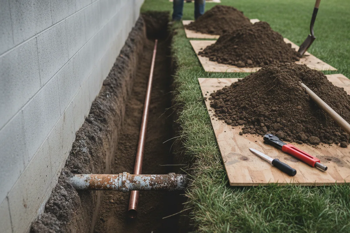 Excavated water line trench during Water Heater Repair in Westland